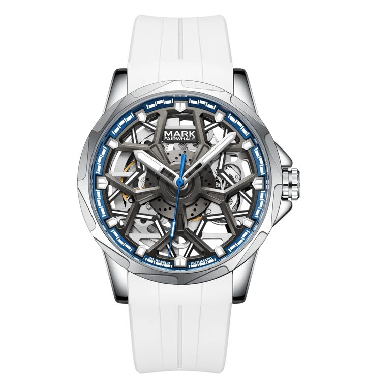 Watch with white strap and blue accents on a white background