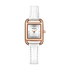Watch with white strap and rose gold case on a white background