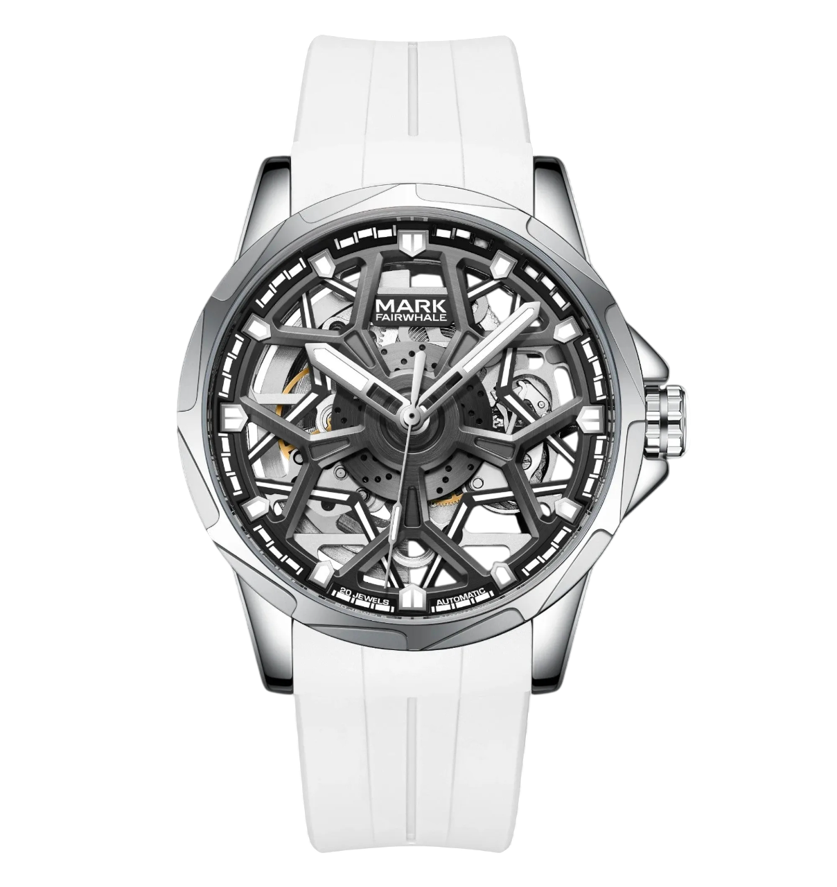 Watch with white strap and silver case on a white background
