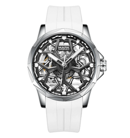 Watch with white strap and silver case on a white background