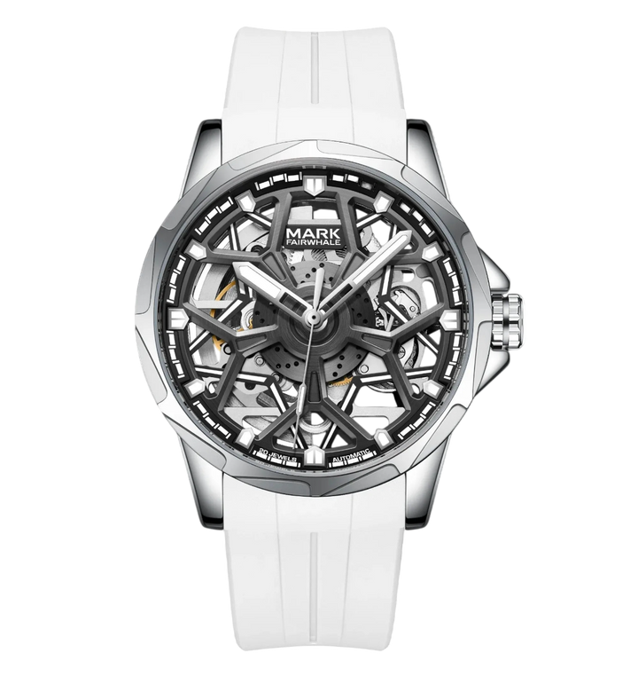 Watch with white strap and silver case on a white background