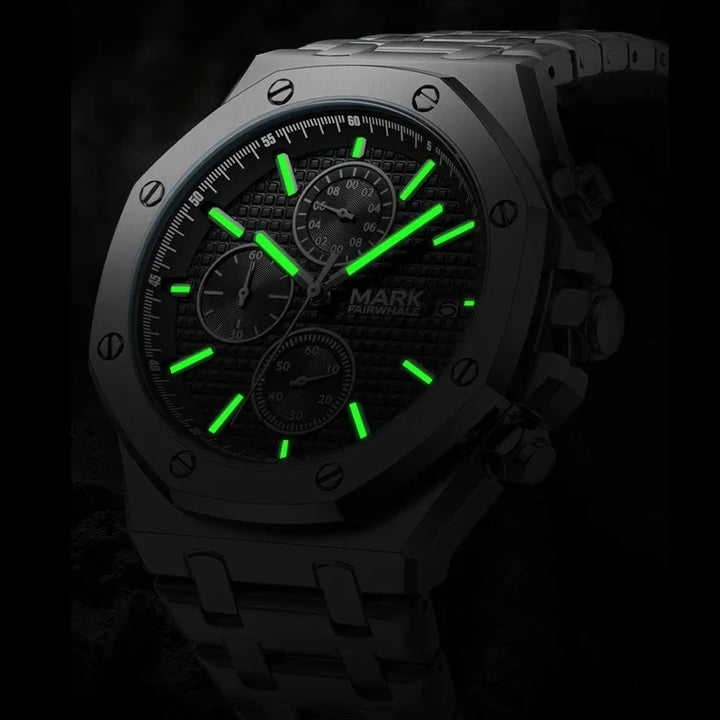 Water resistant wristwatch with luminous hands, Mark Fairwhale RETRONIX black dial