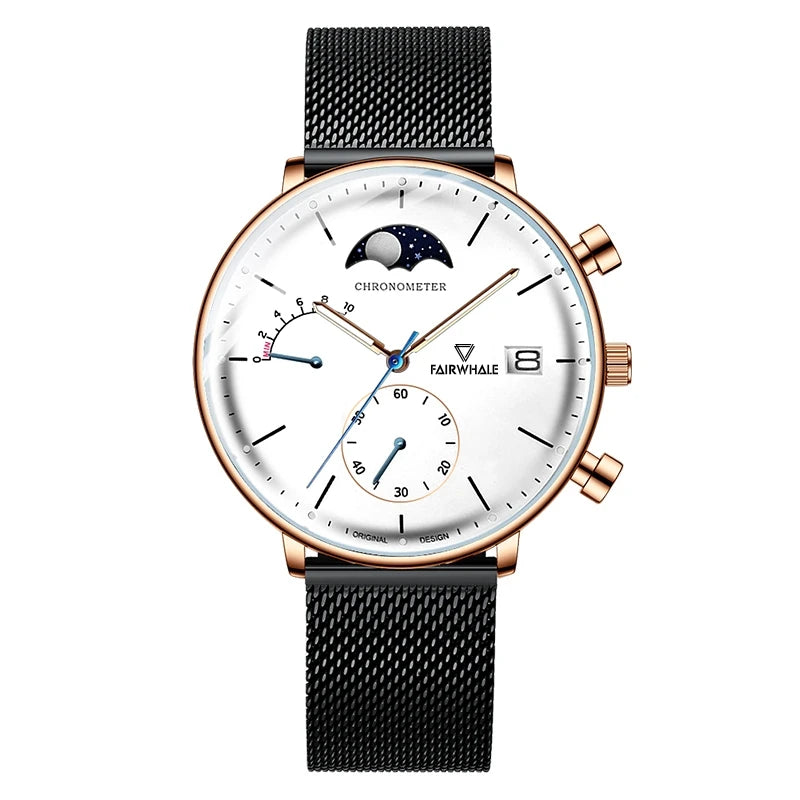 FW-5350 ASTRON quartz moon phase chronograph white dial stainless steel mesh watch