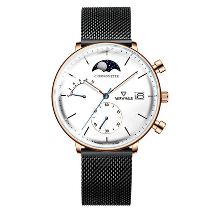 FW-5350 ASTRON quartz moon phase chronograph white dial stainless steel mesh watch