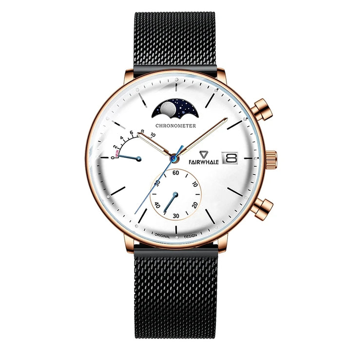 FW-5350 ASTRON quartz moon phase chronograph white dial stainless steel mesh watch