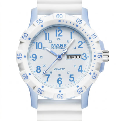 White and blue watch with &