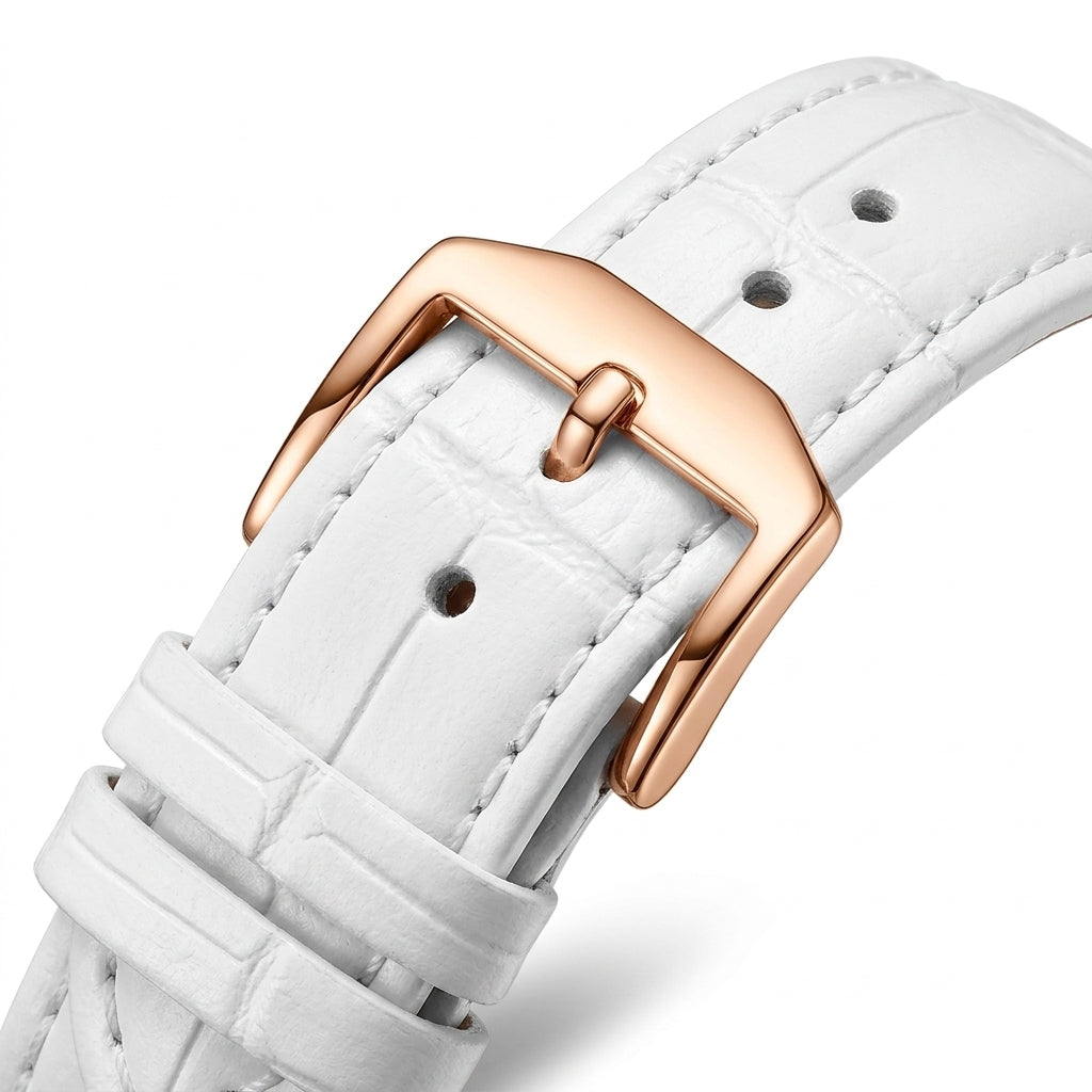 White leather watch strap with a rose gold buckle on a white background