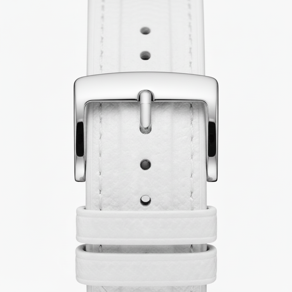 White leather watch strap with silver buckle on a white background