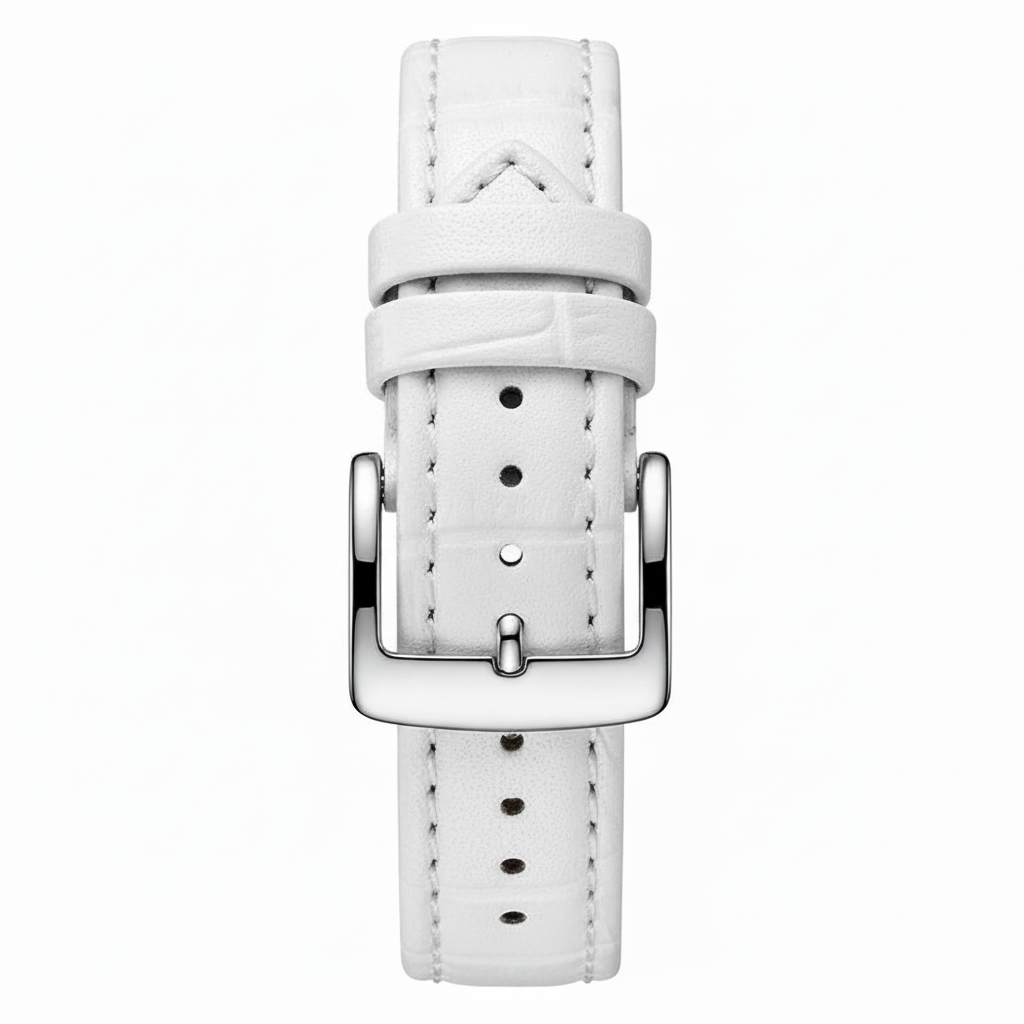 White leather watch strap with silver buckle on a white background