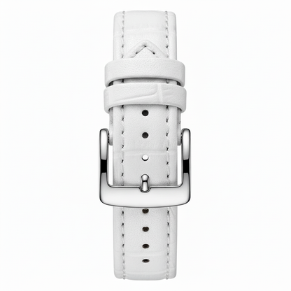 White leather watch strap with silver buckle on a white background