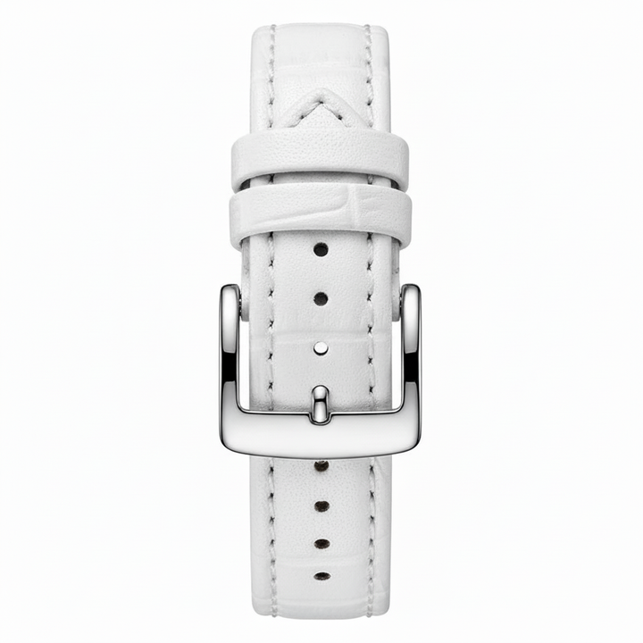 White leather watch strap with silver buckle on a white background
