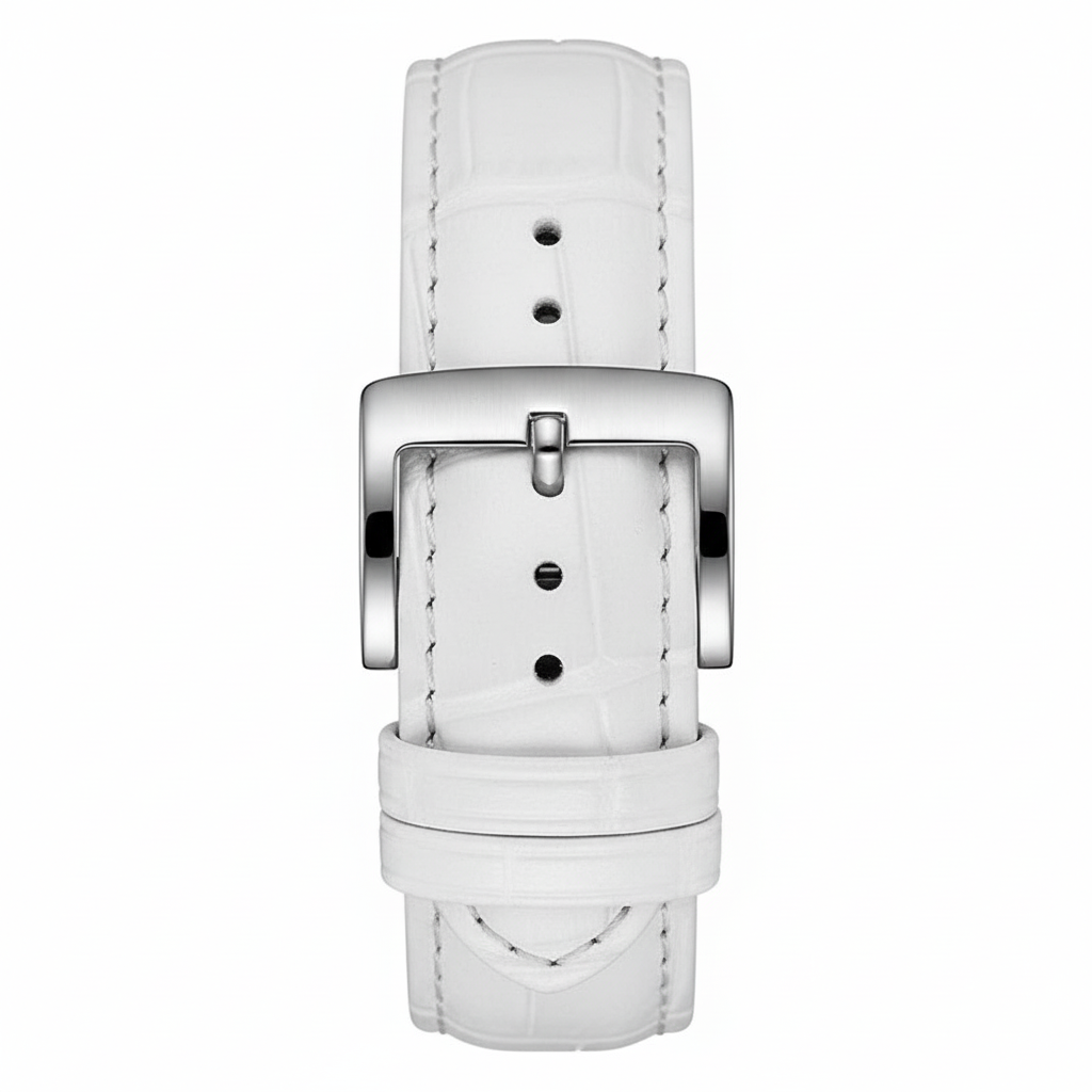 White leather watch strap with silver buckle on a white background