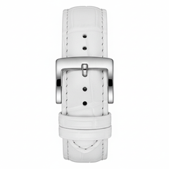 White leather watch strap with silver buckle on a white background