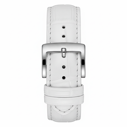 White leather watch strap with silver buckle on a white background