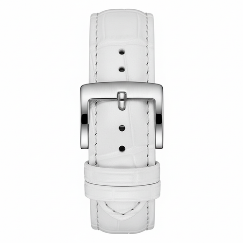 White leather watch strap with silver buckle on a white background