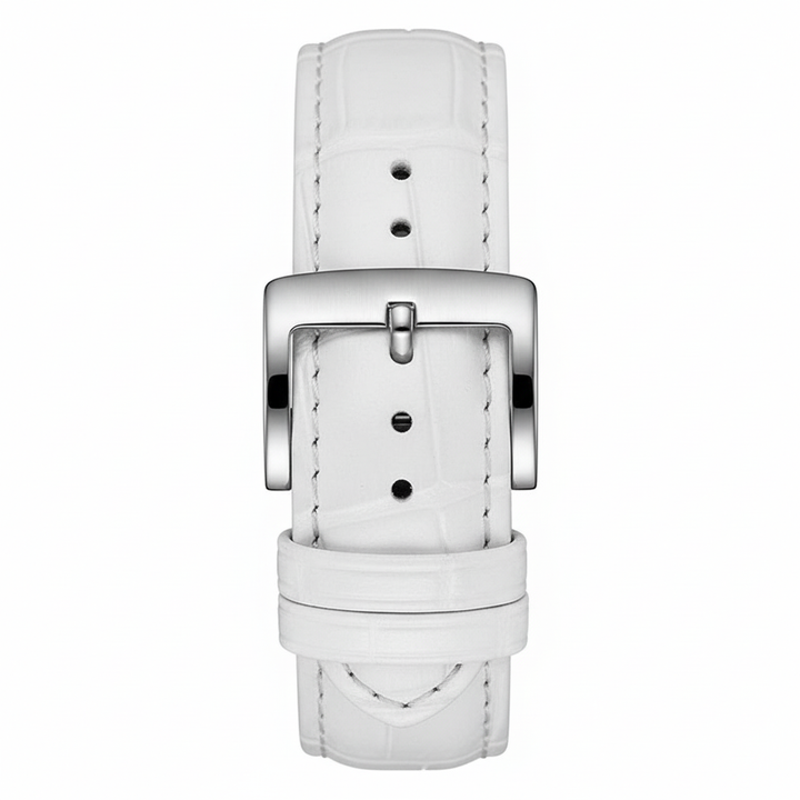White leather watch strap with silver buckle on a white background