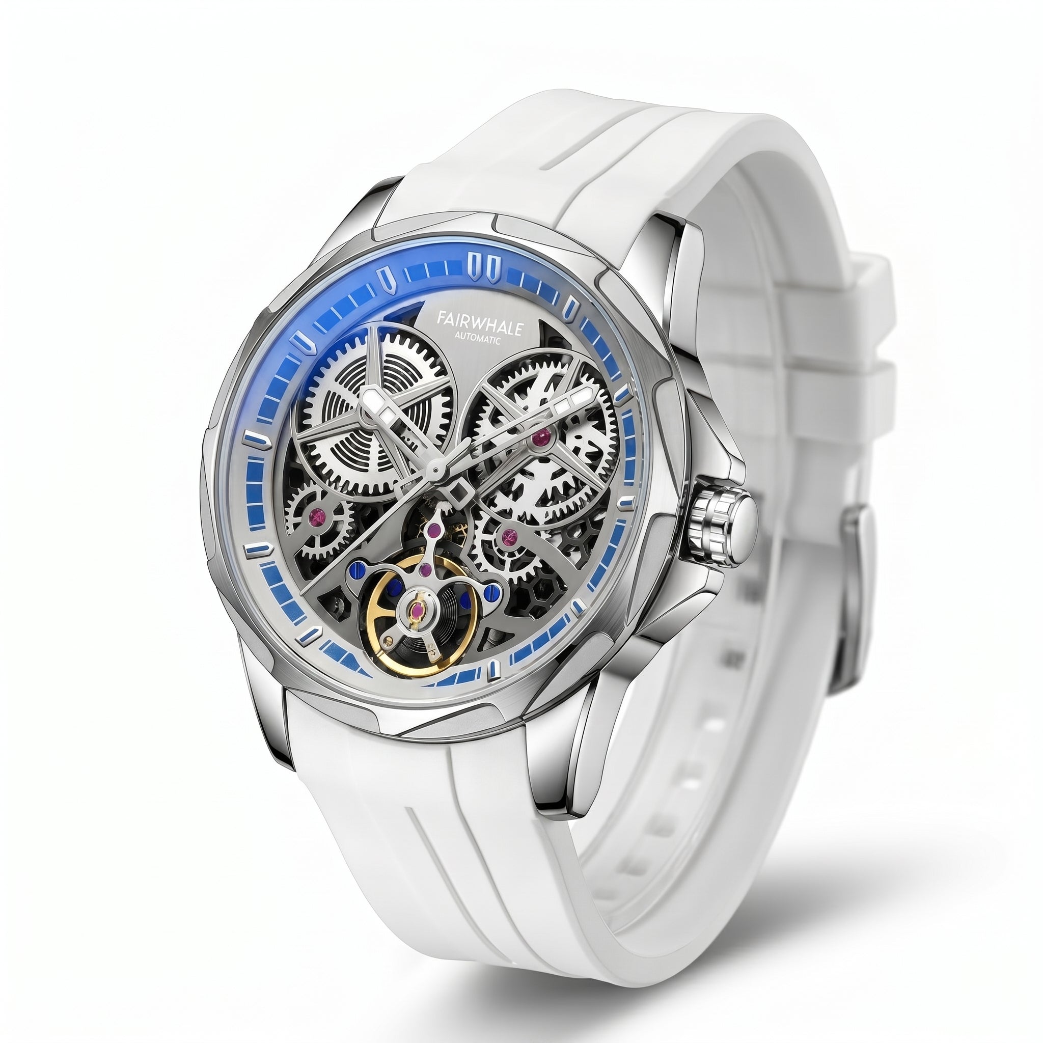 White watch with a transparent face on a white background