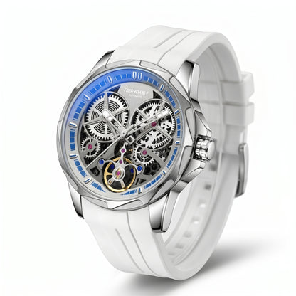 White watch with a transparent face on a white background