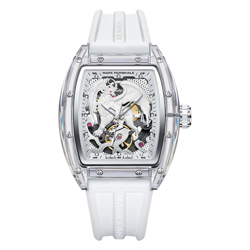 White watch with transparent case on a white background