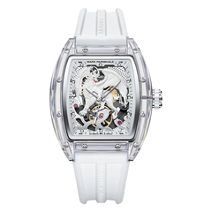 White watch with transparent case on a white background