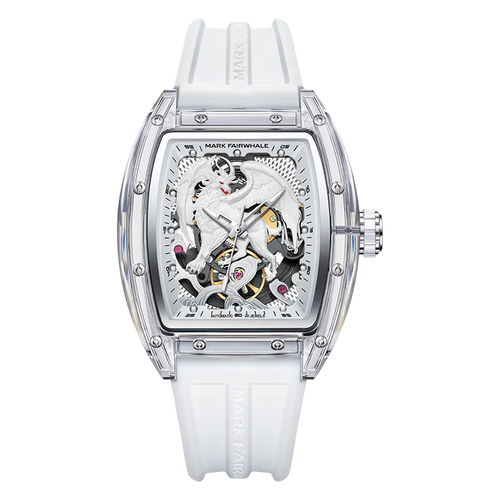 White watch with transparent case on a white background