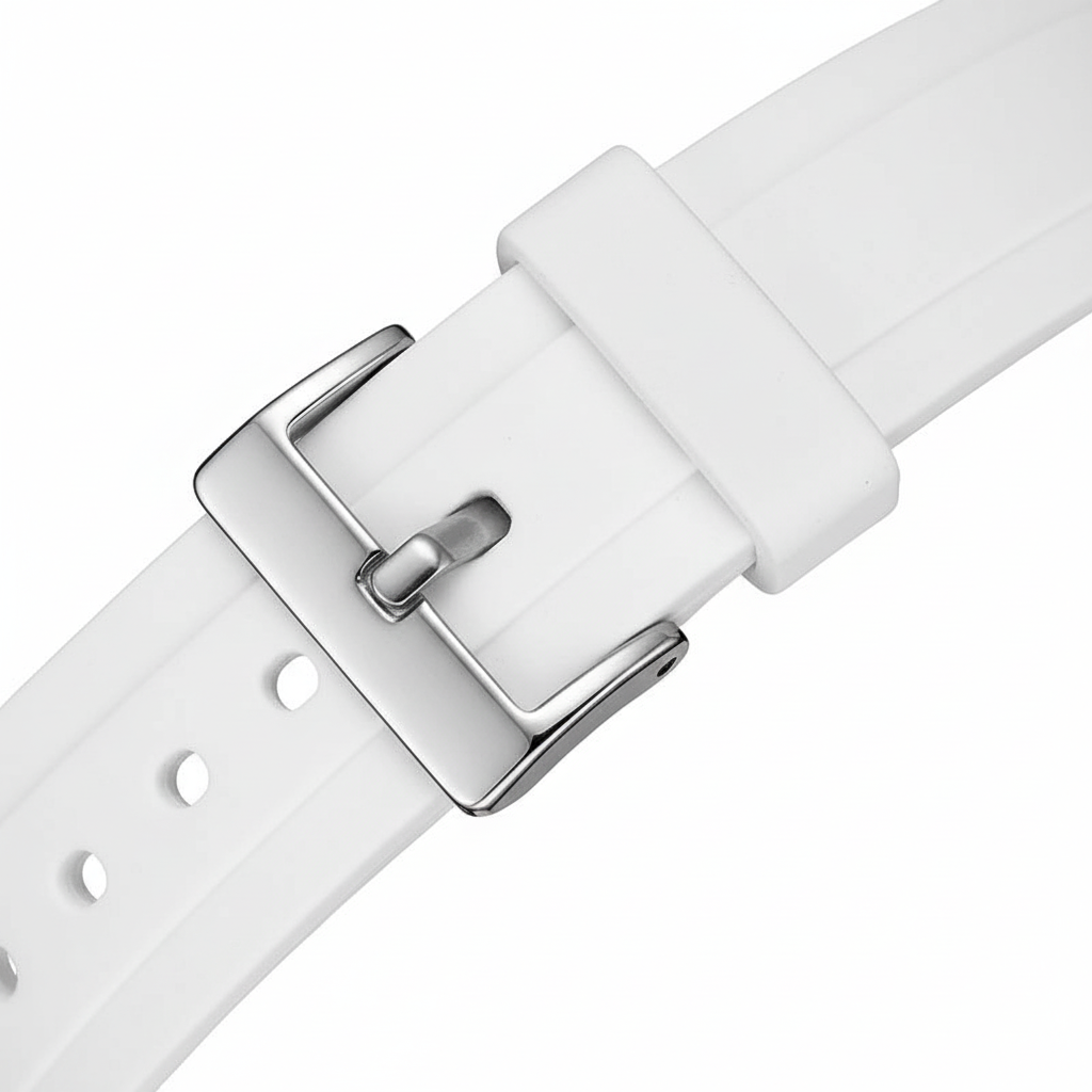 White watch strap with silver buckle on a white background