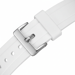 White watch strap with silver buckle on a white background