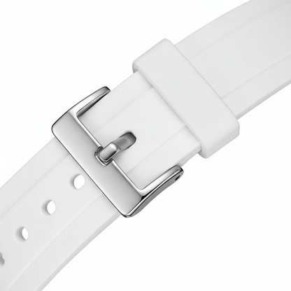 White watch strap with silver buckle on a white background