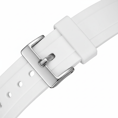 White watch strap with silver buckle on a white background