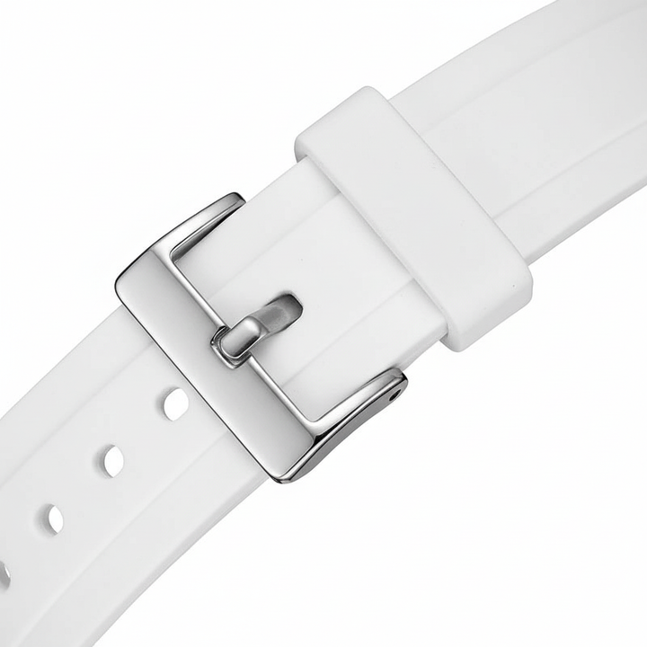 White watch strap with silver buckle on a white background