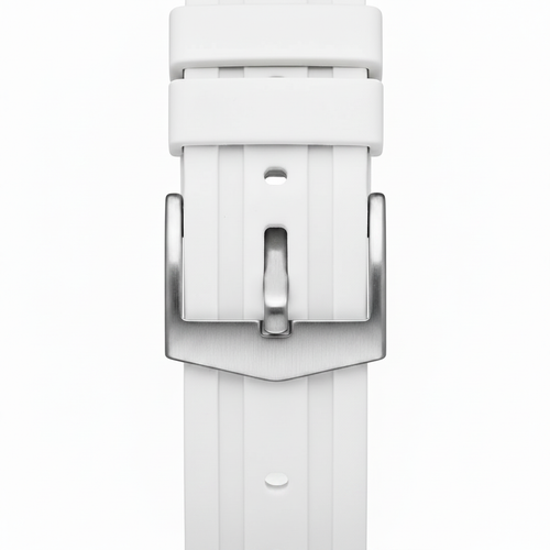 White watch strap with metal buckle on a white background