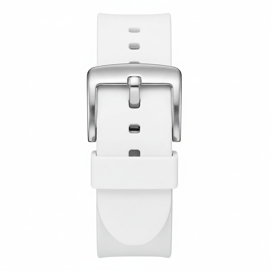 White watch strap with silver buckle on a white background