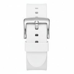 White watch strap with silver buckle on a white background