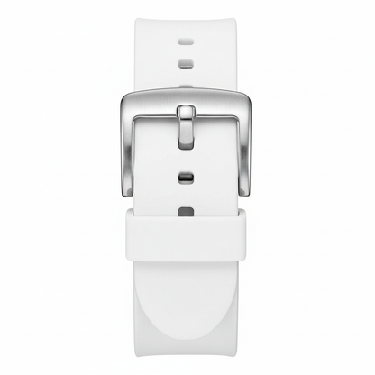 White watch strap with silver buckle on a white background