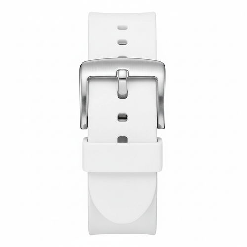 White watch strap with silver buckle on a white background