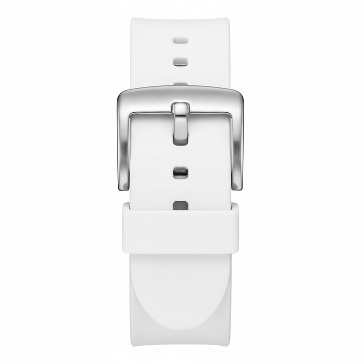 White watch strap with silver buckle on a white background