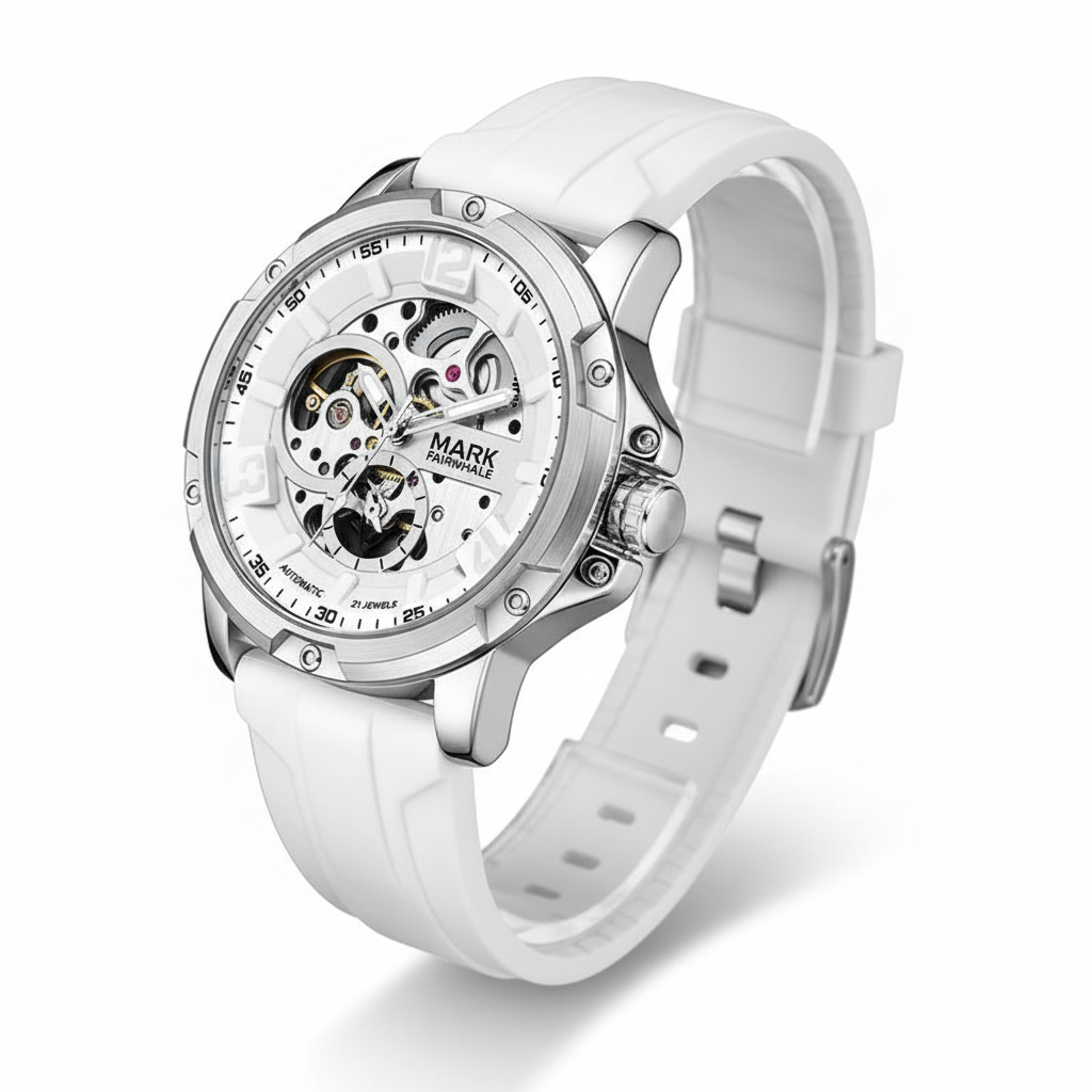 White watch with visible mechanical components on a white background
