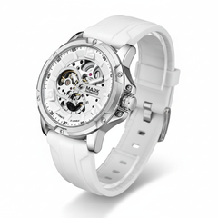 White watch with visible mechanical components on a white background