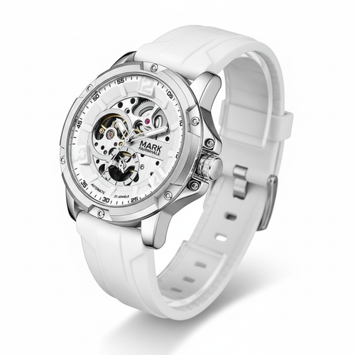 White watch with visible mechanical components on a white background