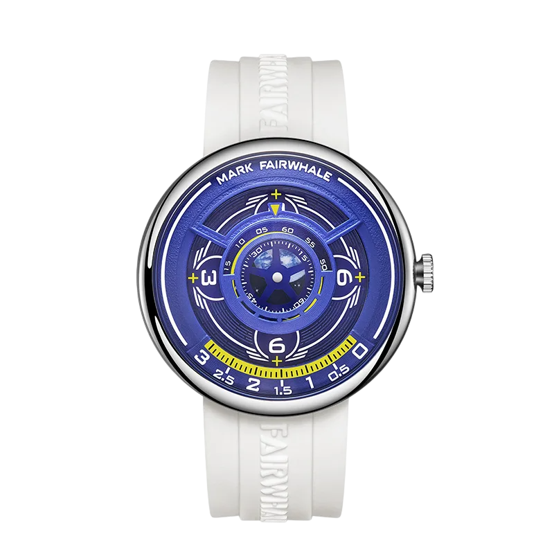White watch with a blue face and visible brand name on a white background