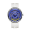 White watch with a blue face and visible brand name on a white background