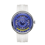White watch with a blue face and visible brand name on a white background
