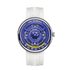 White watch with a blue face and visible brand name on a white background