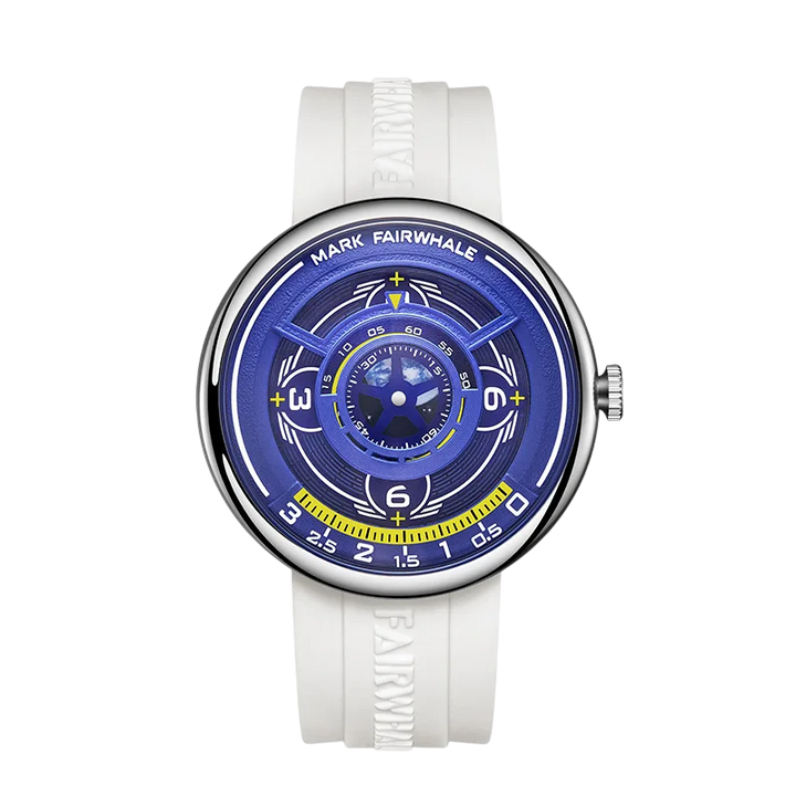 White watch with a blue face and visible brand name on a white background