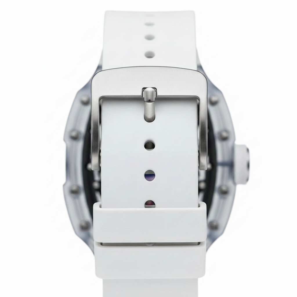 White watch with a clear face on a white background