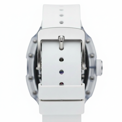 White watch with a clear face on a white background