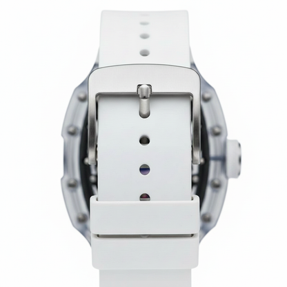 White watch with a clear face on a white background