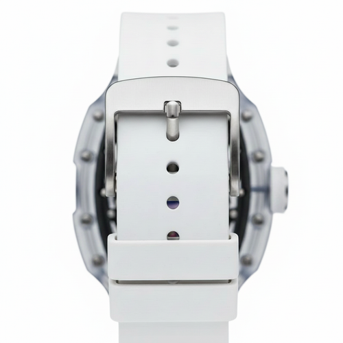 White watch with a clear face on a white background