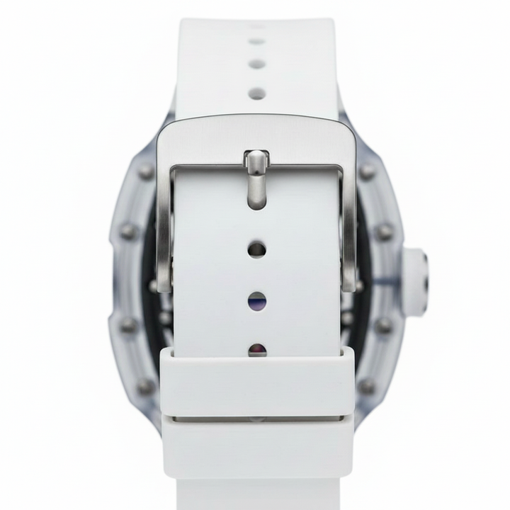 White watch with a clear face on a white background