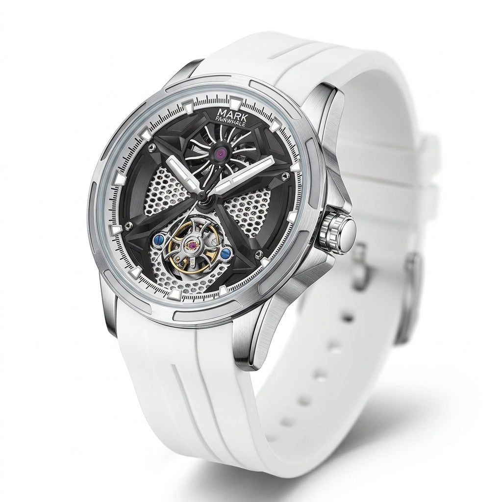 White watch with a transparent face on a white background